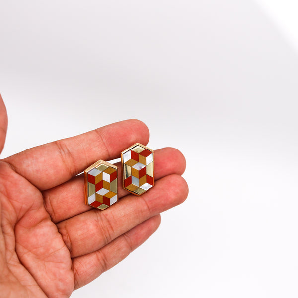 -Victor Vasarely 1985 Op Art Sculptural Geometric Earrings In 14Kt Gold With Gemstones