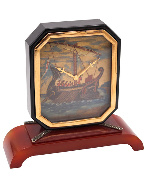 Cartier Paris 1935 Rare Art Deco Geometric Desk Clock In Black Onyx And Agate