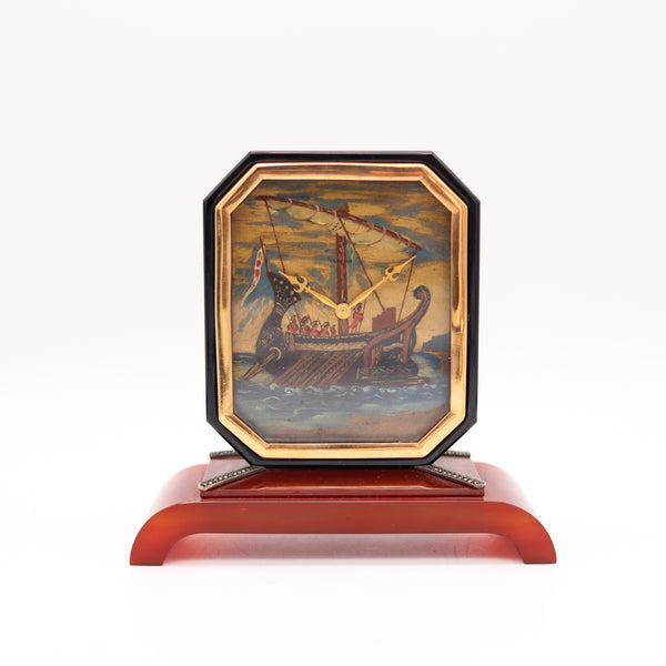 Cartier Paris 1935 Rare Art Deco Geometric Desk Clock In Black Onyx And Agate