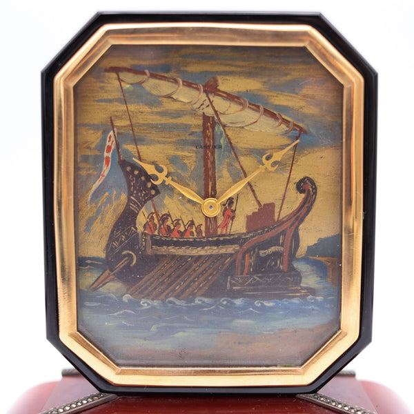 Cartier Paris 1935 Rare Art Deco Geometric Desk Clock In Black Onyx And Agate