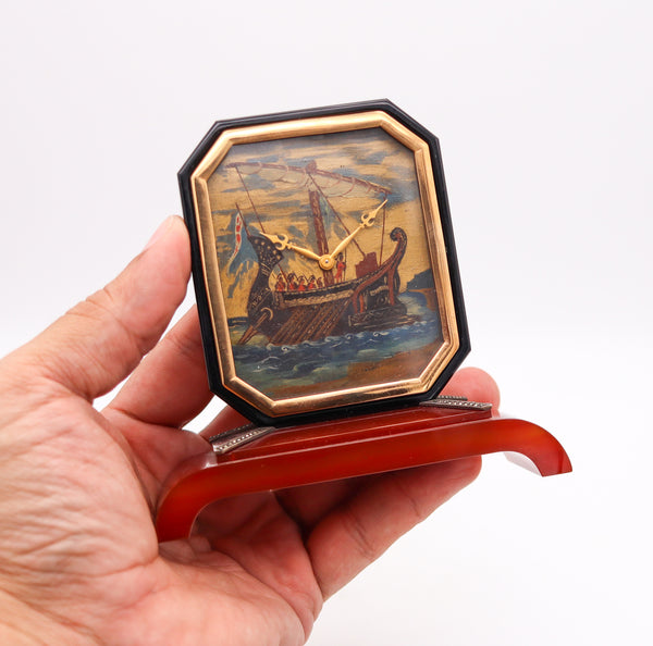 Cartier Paris 1935 Rare Art Deco Geometric Desk Clock In Black Onyx And Agate