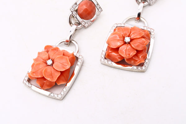 Sabbadini Milano Long Jeweled Earrings In 18Kt White Gold With 3.45 Cts In VS Diamonds And Coral