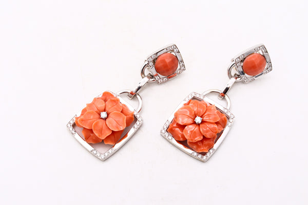 Sabbadini Milano Long Jeweled Earrings In 18Kt White Gold With 3.45 Cts In VS Diamonds And Coral