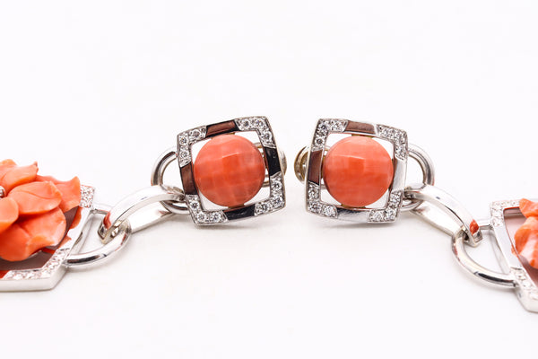 Sabbadini Milano Long Jeweled Earrings In 18Kt White Gold With 3.45 Cts In VS Diamonds And Coral
