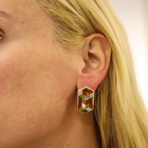 -Victor Vasarely 1985 Op Art Sculptural Geometric Earrings In 14Kt Gold With Gemstones