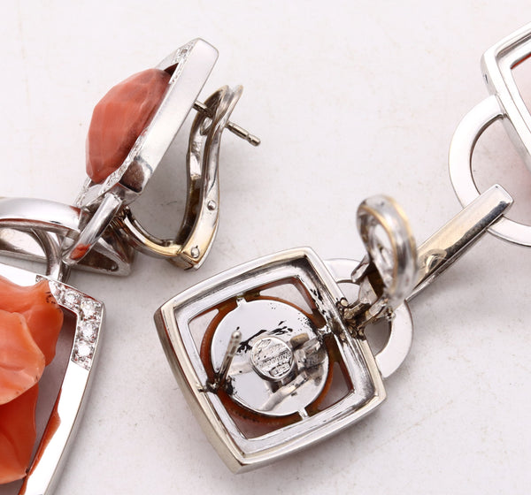 Sabbadini Milano Long Jeweled Earrings In 18Kt White Gold With 3.45 Cts In VS Diamonds And Coral
