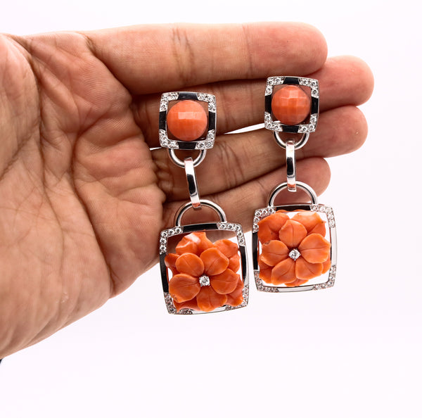 Sabbadini Milano Long Jeweled Earrings In 18Kt White Gold With 3.45 Cts In VS Diamonds And Coral