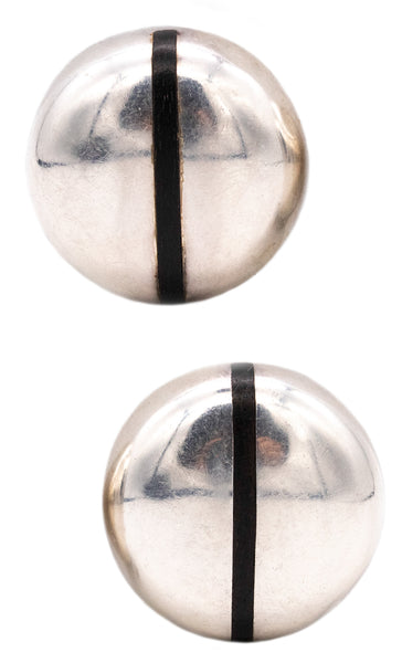 PUIG DORIA 1970 MODERNIST EARRINGS CLIPS N STERLING SILVER WITH EBONY WOOD