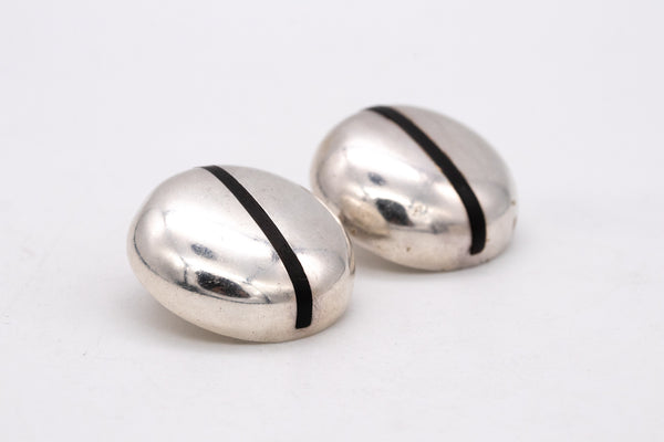 PUIG DORIA 1970 MODERNIST EARRINGS CLIPS N STERLING SILVER WITH EBONY WOOD
