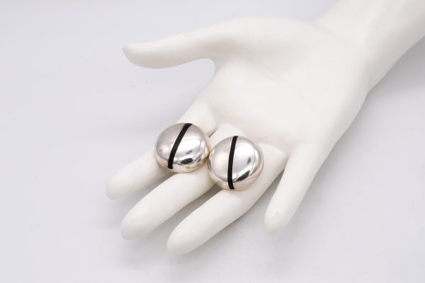 PUIG DORIA 1970 MODERNIST EARRINGS CLIPS N STERLING SILVER WITH EBONY WOOD
