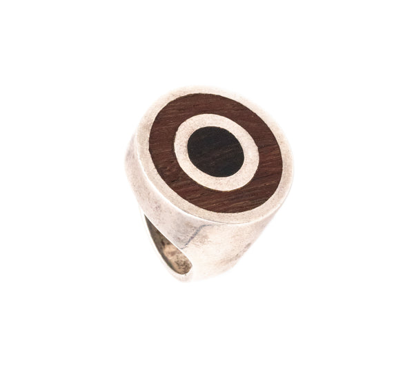 *Puig Doria 1970 Modernist Geometric Round Ring In Sterling Silver With Rosewood & Ebony