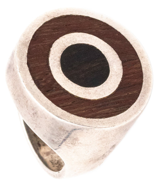 *Puig Doria 1970 Modernist Geometric Round Ring In Sterling Silver With Rosewood & Ebony