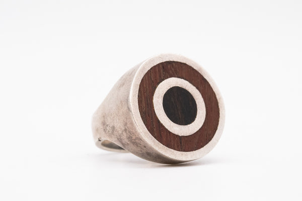 *Puig Doria 1970 Modernist Geometric Round Ring In Sterling Silver With Rosewood & Ebony