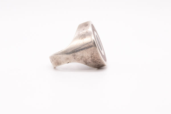 *Puig Doria 1970 Modernist Geometric Round Ring In Sterling Silver With Rosewood & Ebony