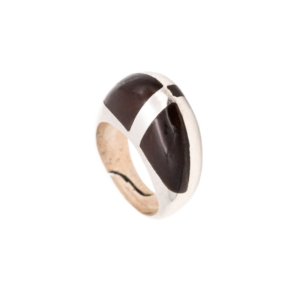 Puig Doria 1970 Barcelona Modernist Bombe Ring In Sterling Silver With Ebony Wood