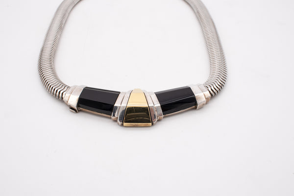 CARTIER 1930 ART DECO 18 KT GOLD & STERLING TUBOGAS NECKLACE WITH BLACK ONYX