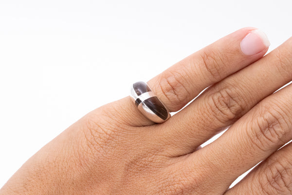 Puig Doria 1970 Barcelona Modernist Bombe Ring In Sterling Silver With Ebony Wood