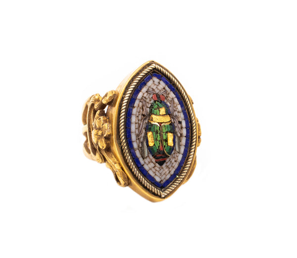 FABULOUS 1880 GRAND TOUR MICRO MOSAIC BEETLE RING IN 17 KT ART NOVEAU-EGYPTIAN REVIVAL