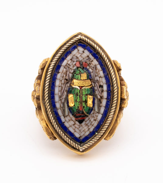 FABULOUS 1880 GRAND TOUR MICRO MOSAIC BEETLE RING IN 17 KT ART NOVEAU-EGYPTIAN REVIVAL