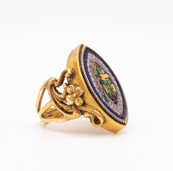 FABULOUS 1880 GRAND TOUR MICRO MOSAIC BEETLE RING IN 17 KT ART NOVEAU-EGYPTIAN REVIVAL