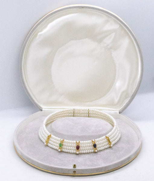 MODERN 18 KT YELLOW GOLD CHOKER NECKLACE WITH 4.55 Ctw GEMSTONES & PEARLS