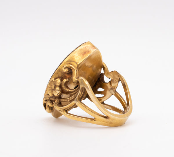 FABULOUS 1880 GRAND TOUR MICRO MOSAIC BEETLE RING IN 17 KT ART NOVEAU-EGYPTIAN REVIVAL