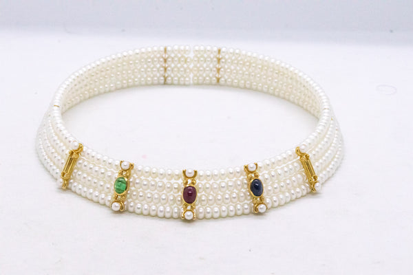 MODERN 18 KT YELLOW GOLD CHOKER NECKLACE WITH 4.55 Ctw GEMSTONES & PEARLS