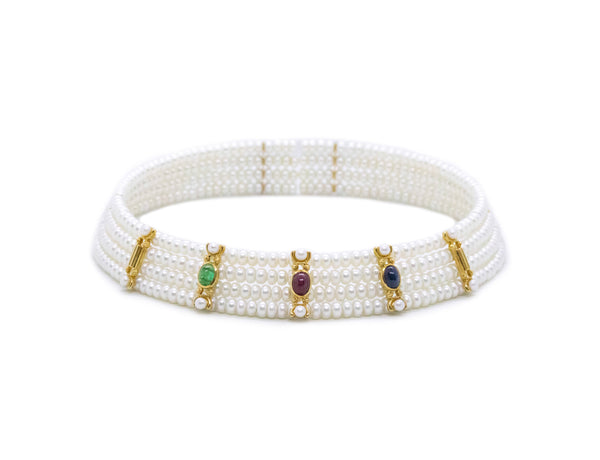 MODERN 18 KT YELLOW GOLD CHOKER NECKLACE WITH 4.55 Ctw GEMSTONES & PEARLS