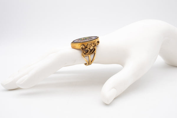 FABULOUS 1880 GRAND TOUR MICRO MOSAIC BEETLE RING IN 17 KT ART NOVEAU-EGYPTIAN REVIVAL