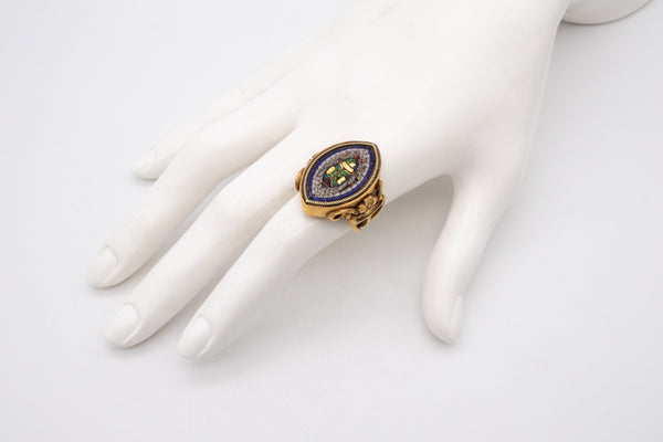 FABULOUS 1880 GRAND TOUR MICRO MOSAIC BEETLE RING IN 17 KT ART NOVEAU-EGYPTIAN REVIVAL