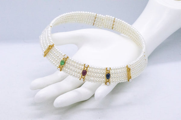 MODERN 18 KT YELLOW GOLD CHOKER NECKLACE WITH 4.55 Ctw GEMSTONES & PEARLS