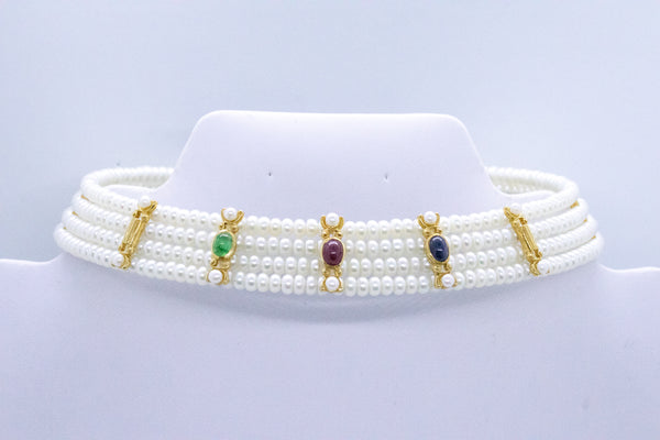 MODERN 18 KT YELLOW GOLD CHOKER NECKLACE WITH 4.55 Ctw GEMSTONES & PEARLS
