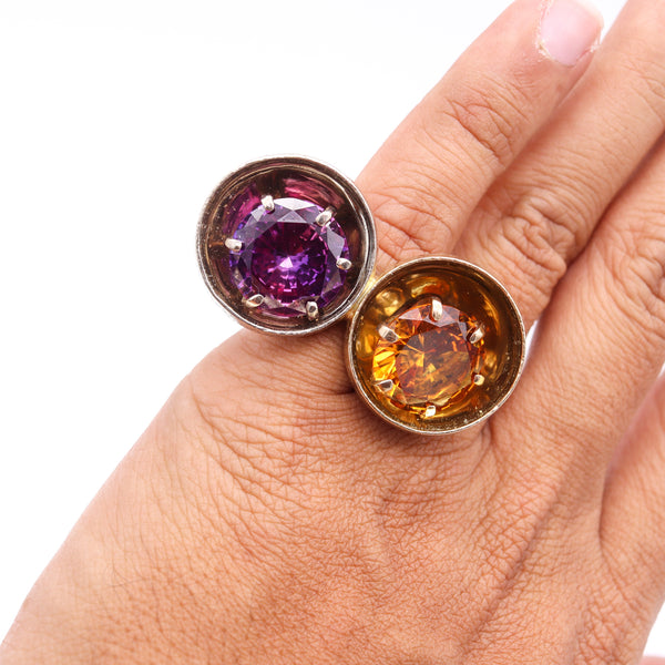 Ultra Modernist 1970 En Tremblant Double Ring In 18Kt Gold With Color Gemstones