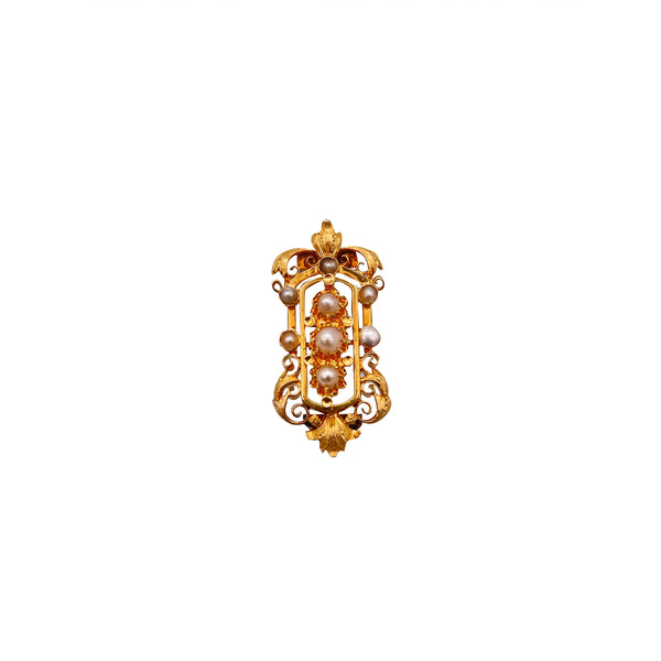 French 1880 Etruscan Revival Pendant Earrings Suite In 19Kt Gold With Natural Pearls