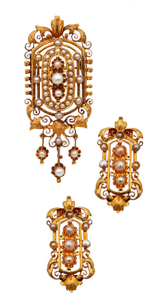 French 1880 Etruscan Revival Pendant Earrings Suite In 19Kt Gold With Natural Pearls