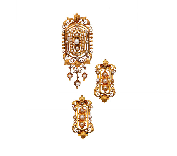 French 1880 Etruscan Revival Pendant Earrings Suite In 19Kt Gold With Natural Pearls