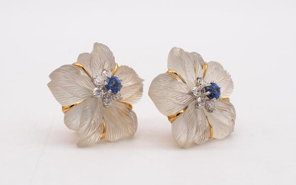 SEAMAN SCHEPPS CLEMATIS 18 KT GOLD EARRINGS IN ROCK CRYSTAL 1.24 Ctw DIAMONDS & SAPPHIRES