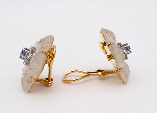 SEAMAN SCHEPPS CLEMATIS 18 KT GOLD EARRINGS IN ROCK CRYSTAL 1.24 Ctw DIAMONDS & SAPPHIRES