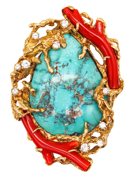 Arthur King 1960 Organic Pendant Brooch In 18Kt Gold With 106.41 Cts In Diamonds Turquoise & Coral