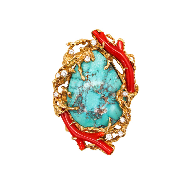 Arthur King 1960 Organic Pendant Brooch In 18Kt Gold With 106.41 Cts In Diamonds Turquoise & Coral