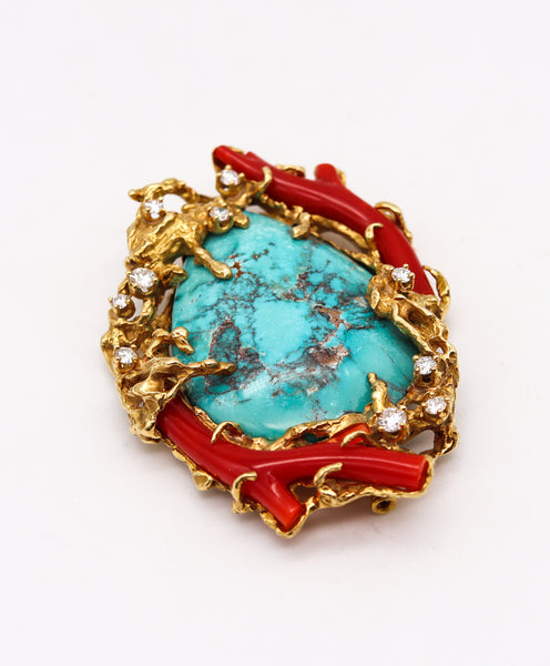 Arthur King 1960 Organic Pendant Brooch In 18Kt Gold With 106.41 Cts In Diamonds Turquoise & Coral