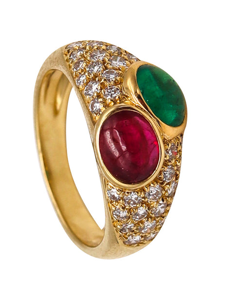 BVLGARI France Doppio Ring In 18Kt Gold With 2.74 Ctw In Diamonds Emerald & Ruby