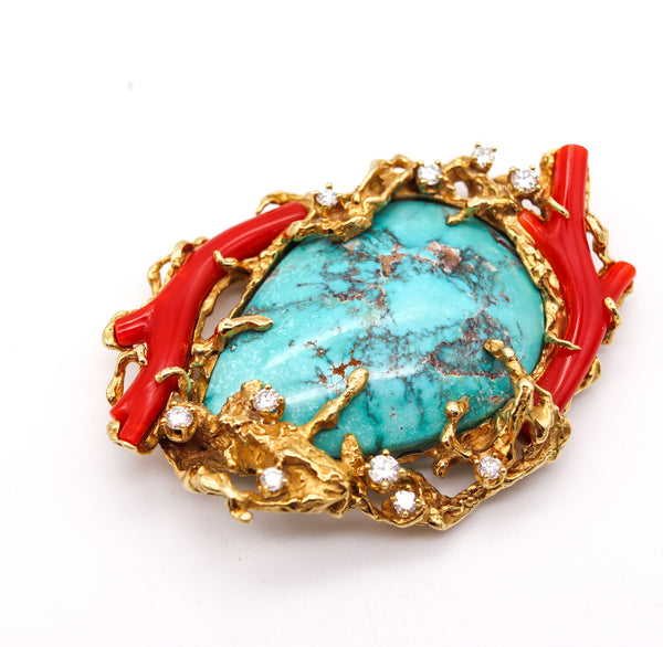 Arthur King 1960 Organic Pendant Brooch In 18Kt Gold With 106.41 Cts In Diamonds Turquoise & Coral