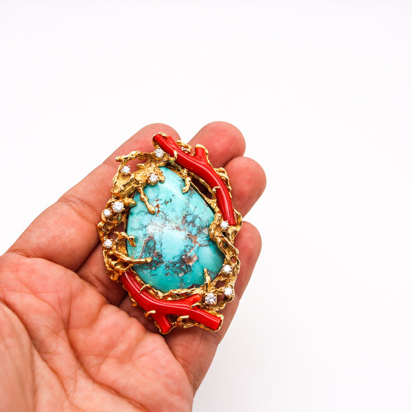 Arthur King 1960 Organic Pendant Brooch In 18Kt Gold With 106.41 Cts In Diamonds Turquoise & Coral