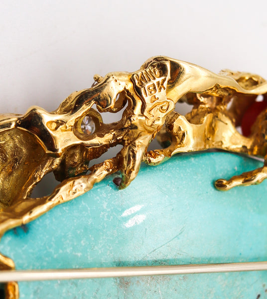 Arthur King 1960 Organic Pendant Brooch In 18Kt Gold With 106.41 Cts In Diamonds Turquoise & Coral