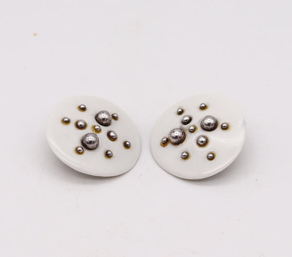Anton Michelsen 1968 Geometric Earrings For Royal Copenhagen In Sterling & Porcelain