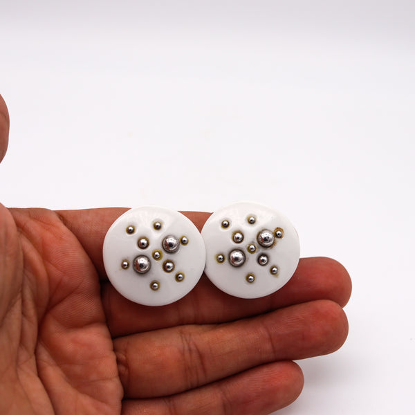 Anton Michelsen 1968 Geometric Earrings For Royal Copenhagen In Sterling & Porcelain