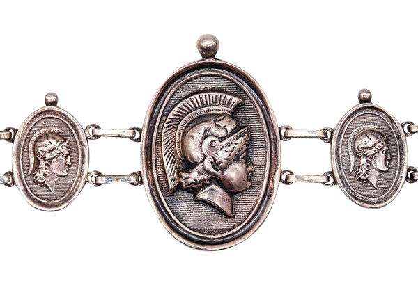 French 1890 Grand Tour Neoclassic Medallion Bracelet in Solid Sterling Silver