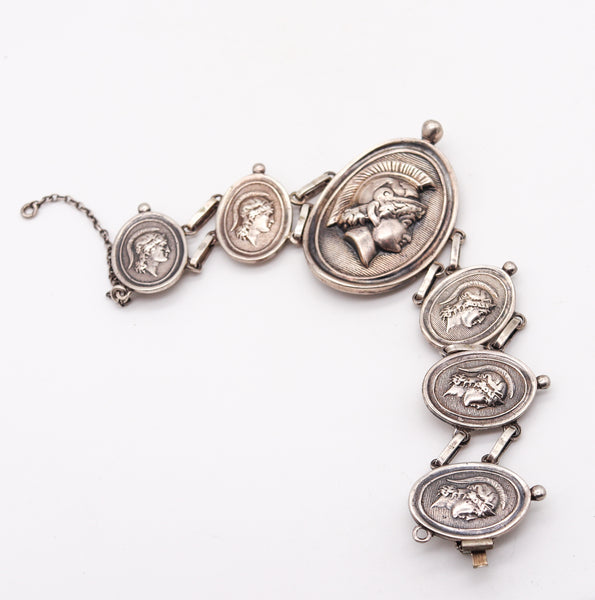 French 1890 Grand Tour Neoclassic Medallion Bracelet in Solid Sterling Silver