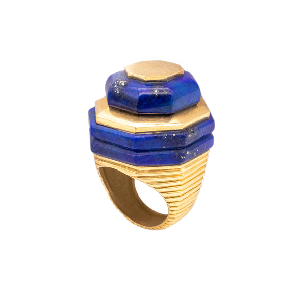 ROBERT WANDER 1970 RARE 18 KT GOLD STATEMENT GEOMETRIC RING WITH LAPIS LAZULI